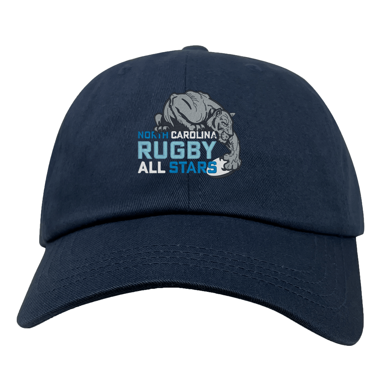 The EMB S&S Activewear NC All Stars Adult Low-Profile Cotton Twill Dad Cap features a navy blue design with an embroidered roaring bear and “North Carolina Rugby All Stars” in white and blue.