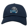 The EMB S&S Activewear NC All Stars Adult Low-Profile Cotton Twill Dad Cap features a navy blue design with an embroidered roaring bear and “North Carolina Rugby All Stars” in white and blue.