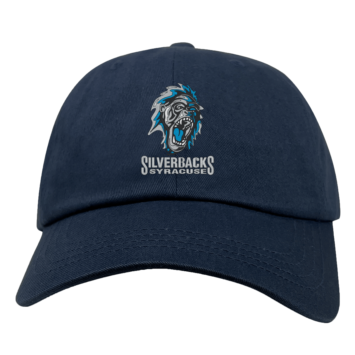 The EMB S&S Activewear Syracuse Silverbacks Adult Low-Profile Cotton Twill Dad Cap is navy blue with an embroidered roaring gorilla logo and "Silverbacks Syracuse" text on the front.
