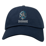 The EMB S&S Activewear Syracuse Silverbacks Adult Low-Profile Cotton Twill Dad Cap is navy blue with an embroidered roaring gorilla logo and "Silverbacks Syracuse" text on the front.