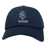 The EMB S&S Activewear Syracuse Silverbacks Adult Low-Profile Cotton Twill Dad Cap is navy blue with an embroidered roaring gorilla logo and "Silverbacks Syracuse" text on the front.