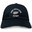 The EMB S&S Activewear Nations of Rugby New Zealand Dad Cap is a black cotton twill hat with "New Zealand Rugby" and a white embroidered silver fern logo on the front—a must-have classic for dedicated rugby fans.