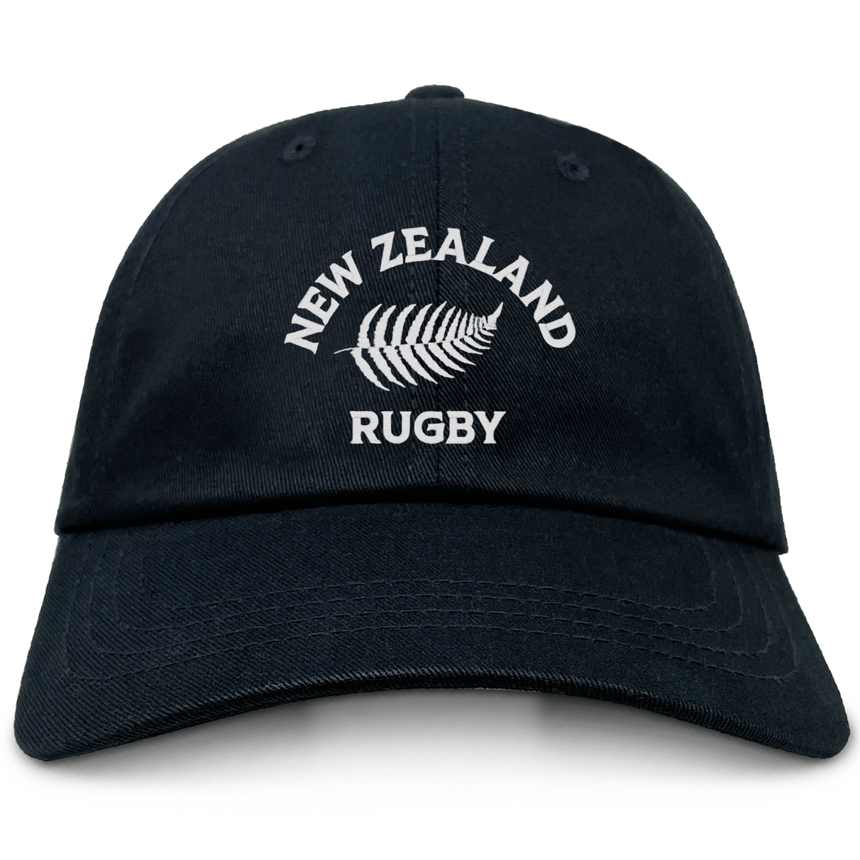 The EMB S&S Activewear Nations of Rugby New Zealand Dad Cap is a black cotton twill hat with "New Zealand Rugby" and a white embroidered silver fern logo on the front—a must-have classic for dedicated rugby fans.