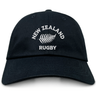 The EMB S&S Activewear Nations of Rugby New Zealand Dad Cap is a black cotton twill hat with "New Zealand Rugby" and a white embroidered silver fern logo on the front—a must-have classic for dedicated rugby fans.