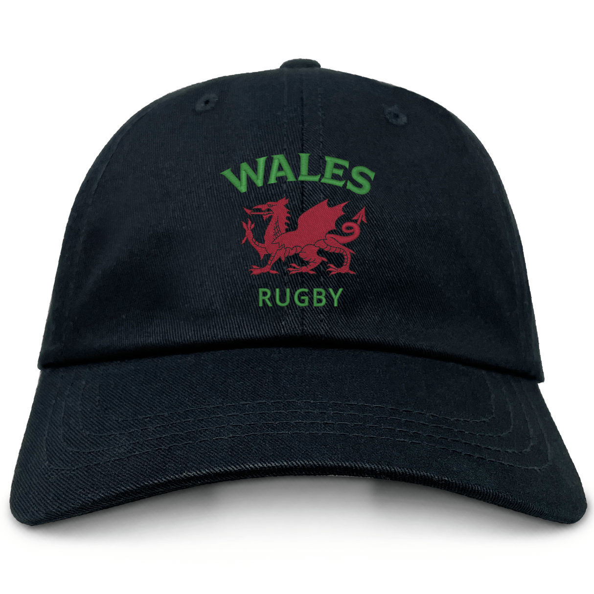 The EMB S&S Activewear Nations of Rugby Wales Dad Cap is a black cotton hat with “WALES RUGBY” and a red Welsh dragon embroidered on the front—ideal for displaying your team pride.