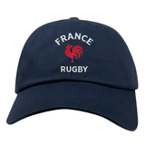 The EMB S&S Activewear Nations of Rugby France Dad Cap is a navy blue cotton twill cap with "FRANCE RUGBY" and a red rooster logo embroidered on the front—perfect for any France Rugby fan.