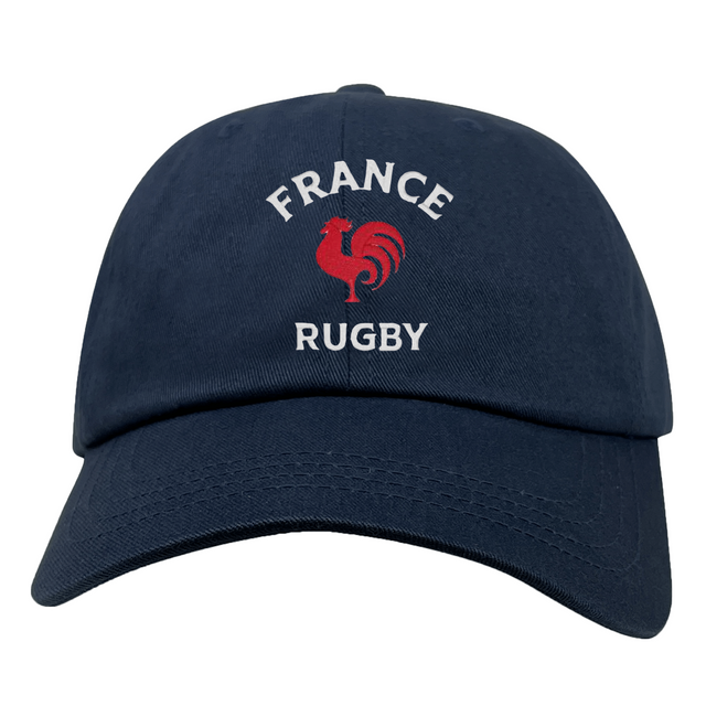 The EMB S&S Activewear Nations of Rugby France Dad Cap is a navy blue cotton twill cap with "FRANCE RUGBY" and a red rooster logo embroidered on the front—perfect for any France Rugby fan.