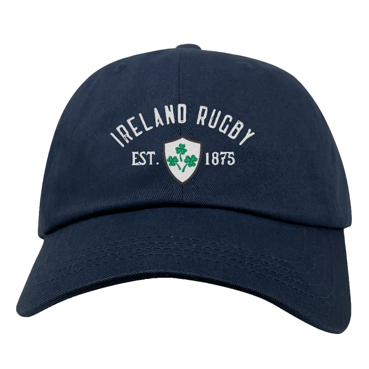 The Ireland Rugby 1875 White Logo Dad Cap by EMB S&S Activewear features "Ireland Rugby Est. 1875" above a white shield with green shamrocks—a perfect choice for fans and collectors.