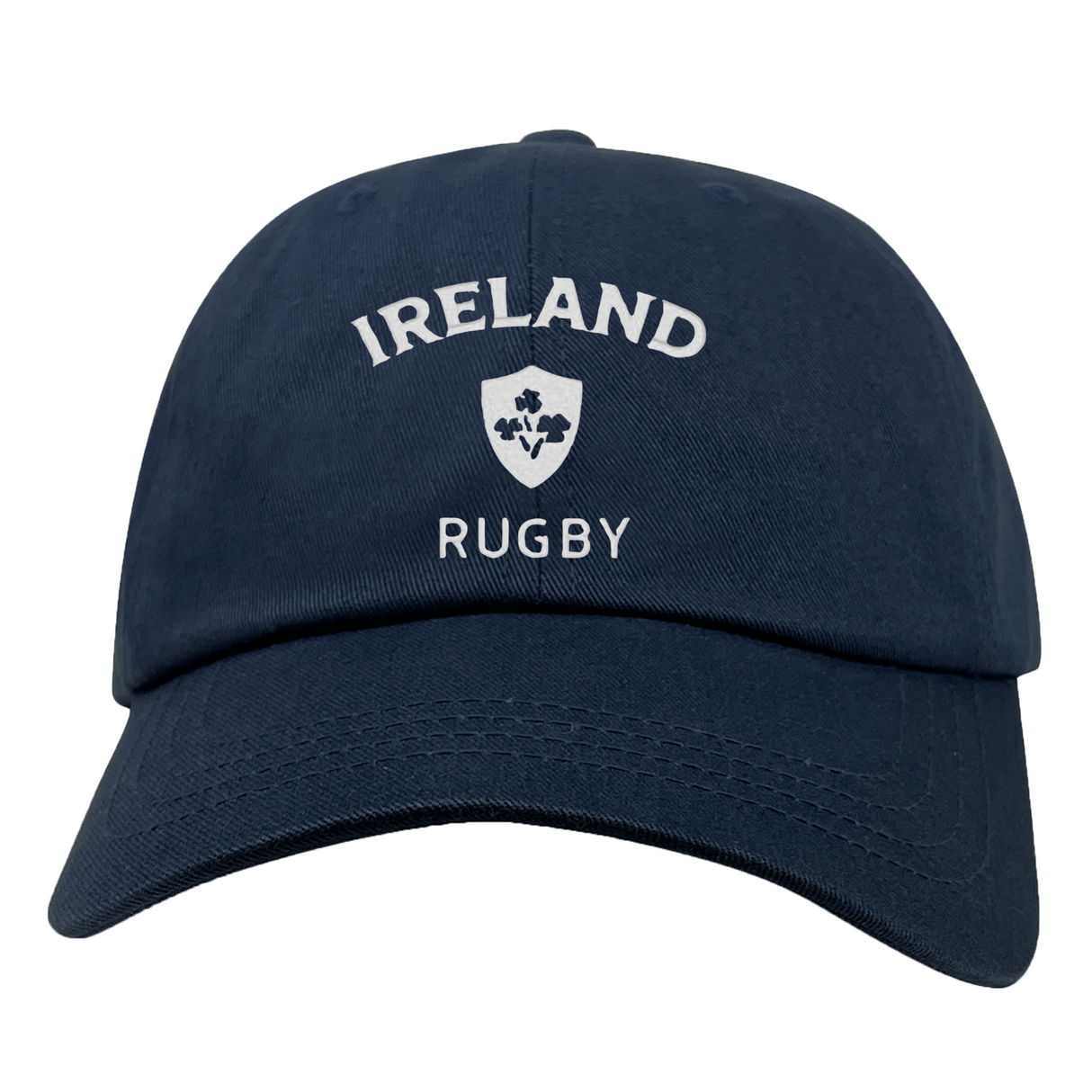 The Nations of Rugby Ireland Dad Cap by EMB S&S Activewear is a navy cotton twill cap with "IRELAND RUGBY" and a white shamrock emblem—perfect for showing team pride.