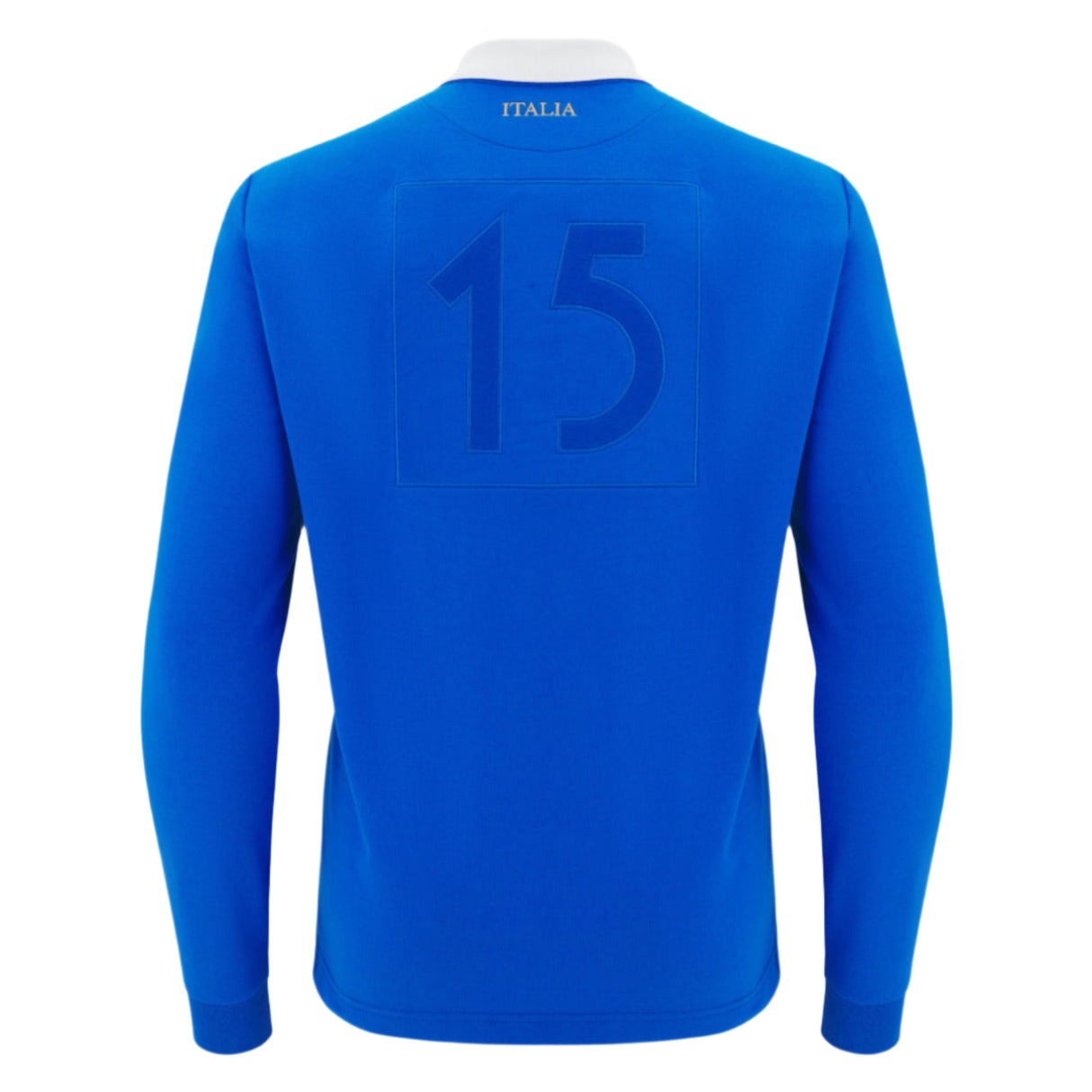 Show your Italy rugby pride with the Italy 25/26 Vintage Long Sleeve Supporters Jersey by Macron—featuring classic blue, number 15 on back, "Italia" below the collar—a must-have for any Macron Italia supporter or jersey collector.