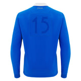 Show your Italy rugby pride with the Italy 25/26 Vintage Long Sleeve Supporters Jersey by Macron—featuring classic blue, number 15 on back, "Italia" below the collar—a must-have for any Macron Italia supporter or jersey collector.