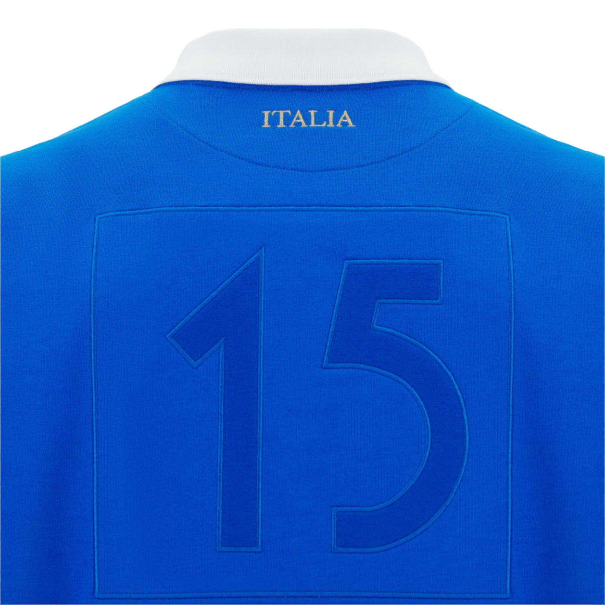 Back of the Italy 25/26 Vintage Long Sleeve Supporters Jersey by Macron—blue with a white collar, gold "ITALIA," and blue-outlined number 15—perfect for any Macron supporter’s collection.