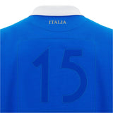 Back of the Italy 25/26 Vintage Long Sleeve Supporters Jersey by Macron—blue with a white collar, gold "ITALIA," and blue-outlined number 15—perfect for any Macron supporter’s collection.