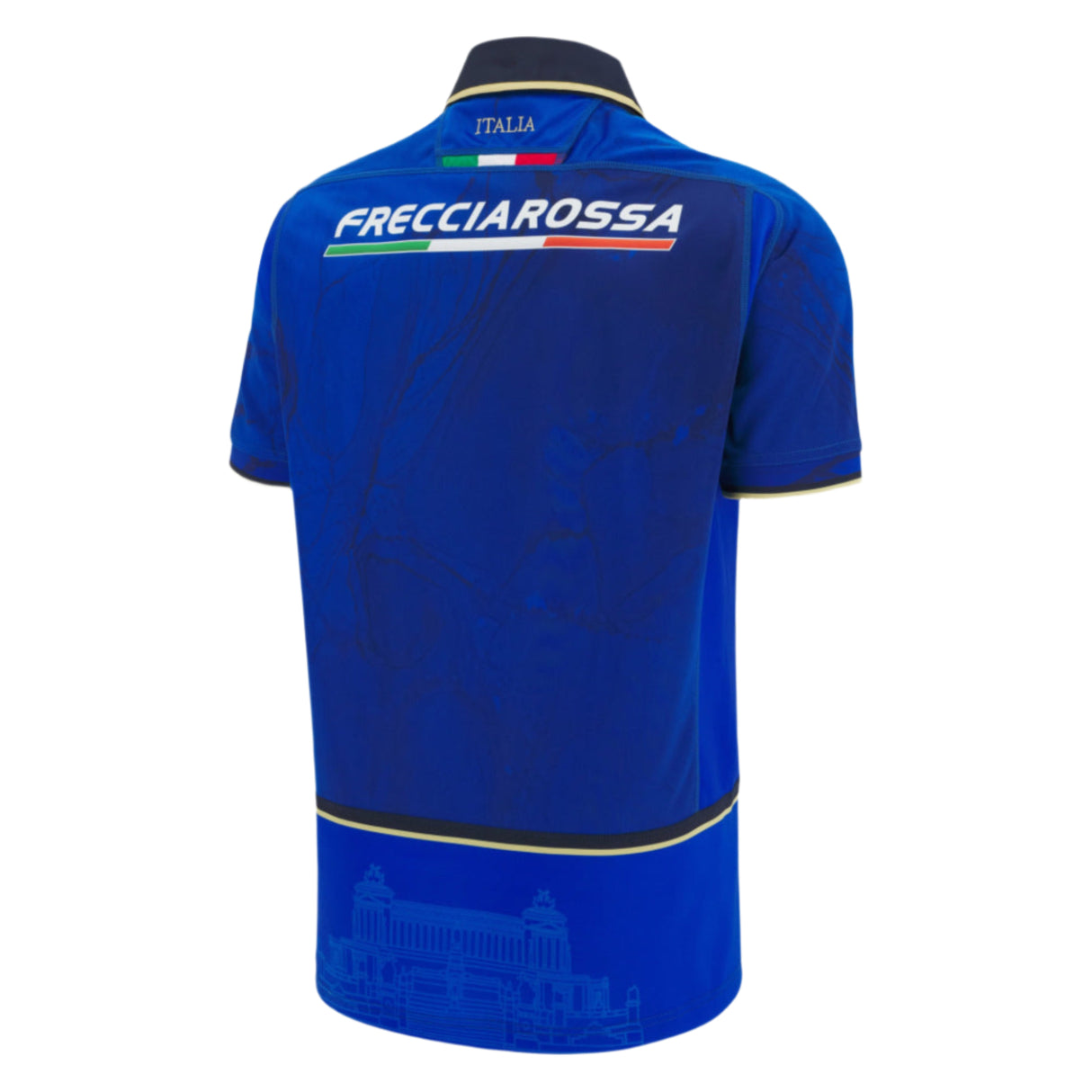 Back view of the Italy 25/26 Replica Home Jersey by Macron in blue, featuring "FRECCIAROSSA" and an Italian flag on the upper back, plus a subtle architectural graphic near the hem.