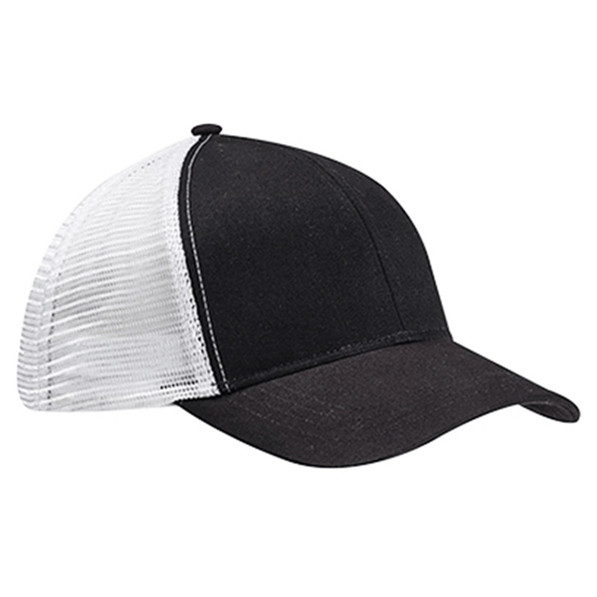 The S&S Activewear Eco Trucker Hat features a black front, white mesh back, and curved bill, made from recycled polyester. Displayed from the side on a plain background.