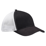The S&S Activewear Eco Trucker Hat features a black front, white mesh back, and curved bill, made from recycled polyester. Displayed from the side on a plain background.