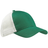 The S&S Activewear Eco Trucker Hat features a green and white design with a curved brim, crafted from organic cotton and recycled polyester, and includes white mesh back panels.