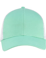 The S&S Activewear Eco Trucker Hat in light green and white features organic cotton, recycled polyester, a mesh back, and a curved brim, shown from the front.