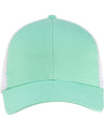 The S&S Activewear Eco Trucker Hat in light green and white features organic cotton, recycled polyester, a mesh back, and a curved brim, shown from the front.