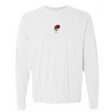 The England Vintage Long Sleeve Comfort Tee by EMB S&S Activewear features a white design with a small red rose and "1971" on the chest, inspired by classic England vintage tees.