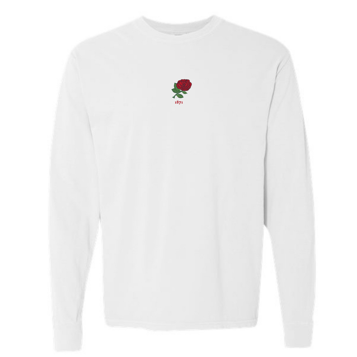 The England Vintage Long Sleeve Comfort Tee by EMB S&S Activewear features a white design with a small red rose and "1971" on the chest, inspired by classic England vintage tees.
