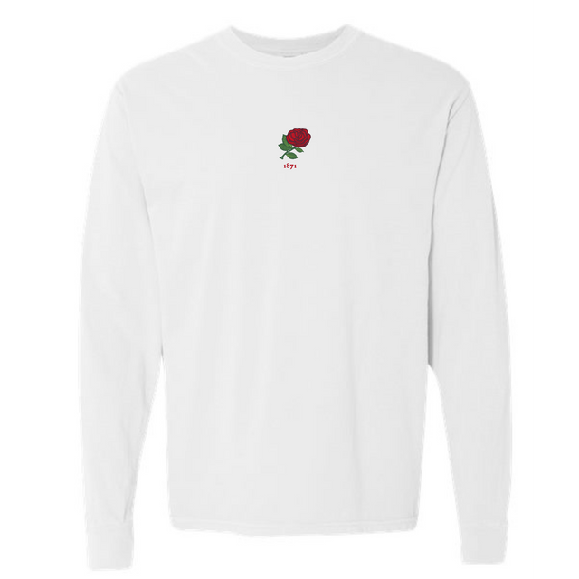 The England Vintage Long Sleeve Comfort Tee by EMB S&S Activewear features a white design with a small red rose and "1971" on the chest, inspired by classic England vintage tees.