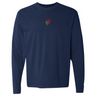 The EMB S&S Activewear England Vintage Long Sleeve Comfort Tee in navy blue features a small embroidered red rose and "1971" in red on the chest, inspired by classic Vintage England Shirt designs.
