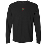 The EMB S&S Activewear England Vintage Long Sleeve Comfort Tee is a black shirt with a small red rose and "1971" text on the chest, inspired by classic vintage England designs.