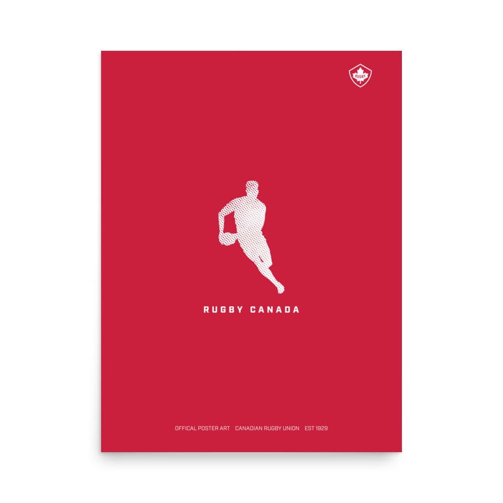 An authentic PF LIC Rugby Canada Player Silhouette Poster with a red cover featuring a white outline of a rugby player.