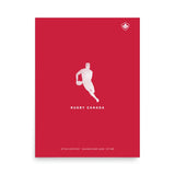 An authentic PF LIC Rugby Canada Player Silhouette Poster with a red cover featuring a white outline of a rugby player.