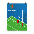 Poster with green field, blue sky, and rugby goal posts and Manu Samoa logo.