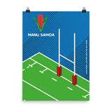 Poster with green field, blue sky, and rugby goal posts and Manu Samoa logo.