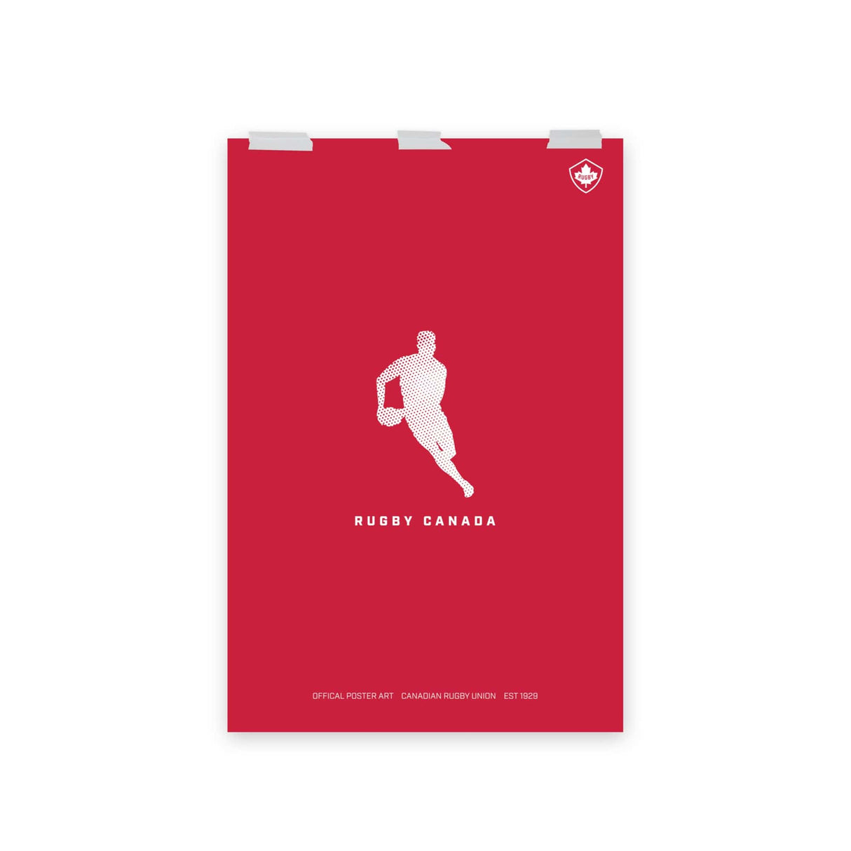 An authentic PF LIC Rugby Canada Player Silhouette Poster featuring a silhouette of a man running on a red background.