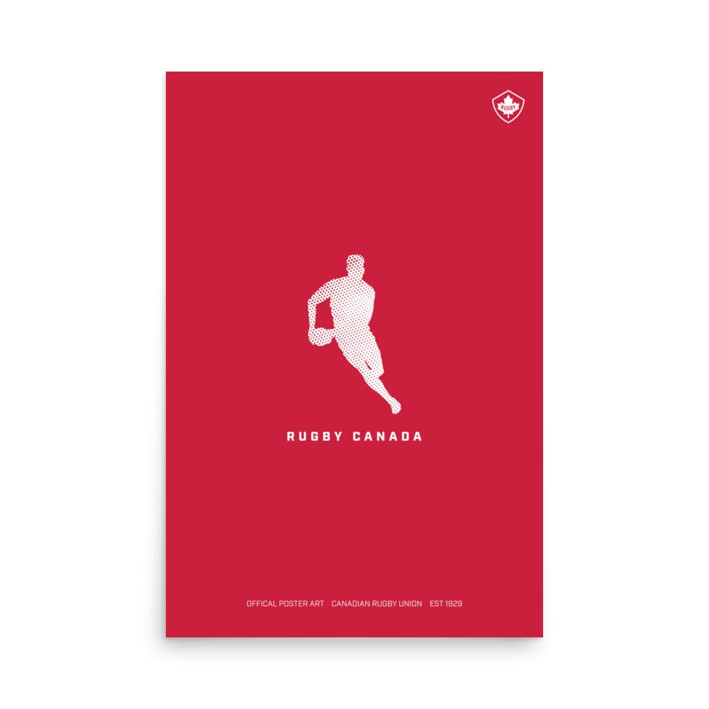 An authentic PF LIC Rugby Canada Player Silhouette Poster featuring a silhouette of a man running on a red background, showcasing the spirit of Rugby Canada.
