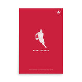 An authentic PF LIC Rugby Canada Player Silhouette Poster featuring a silhouette of a man running on a red background, showcasing the spirit of Rugby Canada.