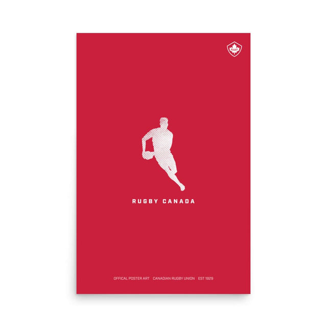An authentic PF LIC Rugby Canada Player Silhouette Poster featuring a silhouette of a man running on a red background, showcasing the spirit of Rugby Canada.