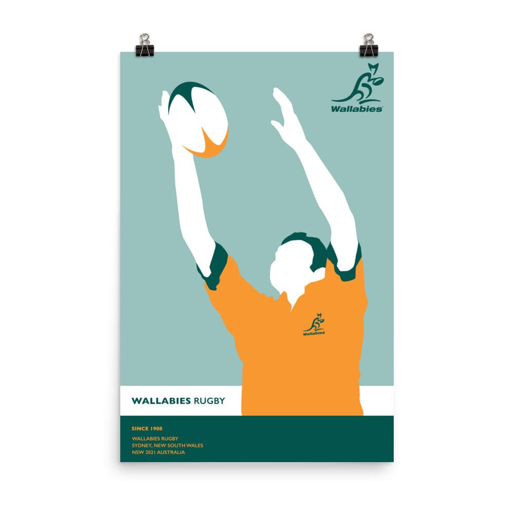 A Wallabies Rugby Catch Poster featuring a rugby player catching a ball, representing the Australian Wallabies from PF LIC.