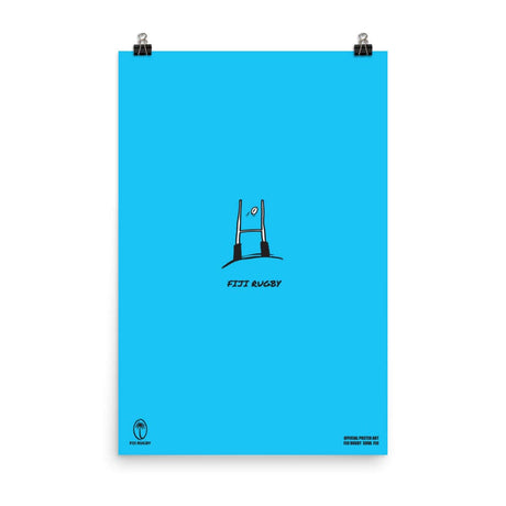 An official PF LIC Fiji Rugby Kicking It Through the Goal Poster featuring a black logo on a blue background.