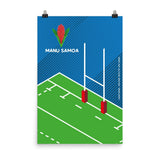 Poster with green field, blue sky, and rugby goal posts and Manu Samoa logo.