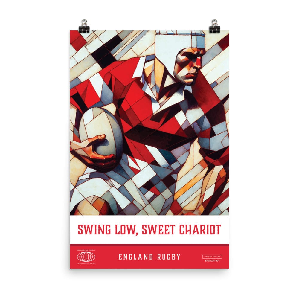 The Swing Low Sweet Chariot England Poster by PF LIC showcases a rugby player in a red and white uniform holding a rugby ball. The text "Swing Low, Sweet Chariot" and "England Rugby" is displayed at the bottom of this museum-quality poster. Printed on thick matte paper, it makes the perfect decor for any rugby enthusiast's room or office.