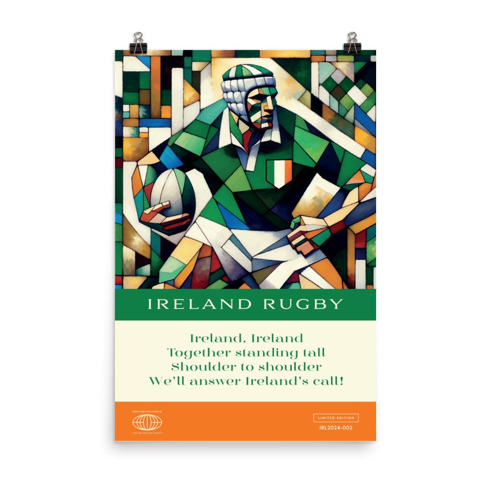 The Ireland's Call Poster by PF LIC showcases a rugby player in a geometric style, wearing an Ireland uniform. Made from thick matte paper for durability, the design includes the text "Ireland Rugby" along with lyrics: "Together standing tall, Shoulder to shoulder, We'll answer Ireland's call!"—perfect for brightening any environment.