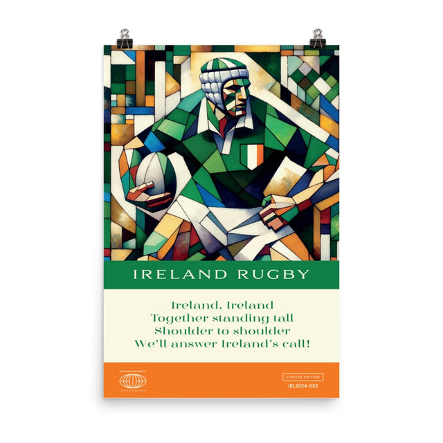 The Ireland's Call Poster by PF LIC showcases a rugby player in a geometric style, wearing an Ireland uniform. Made from thick matte paper for durability, the design includes the text "Ireland Rugby" along with lyrics: "Together standing tall, Shoulder to shoulder, We'll answer Ireland's call!"—perfect for brightening any environment.