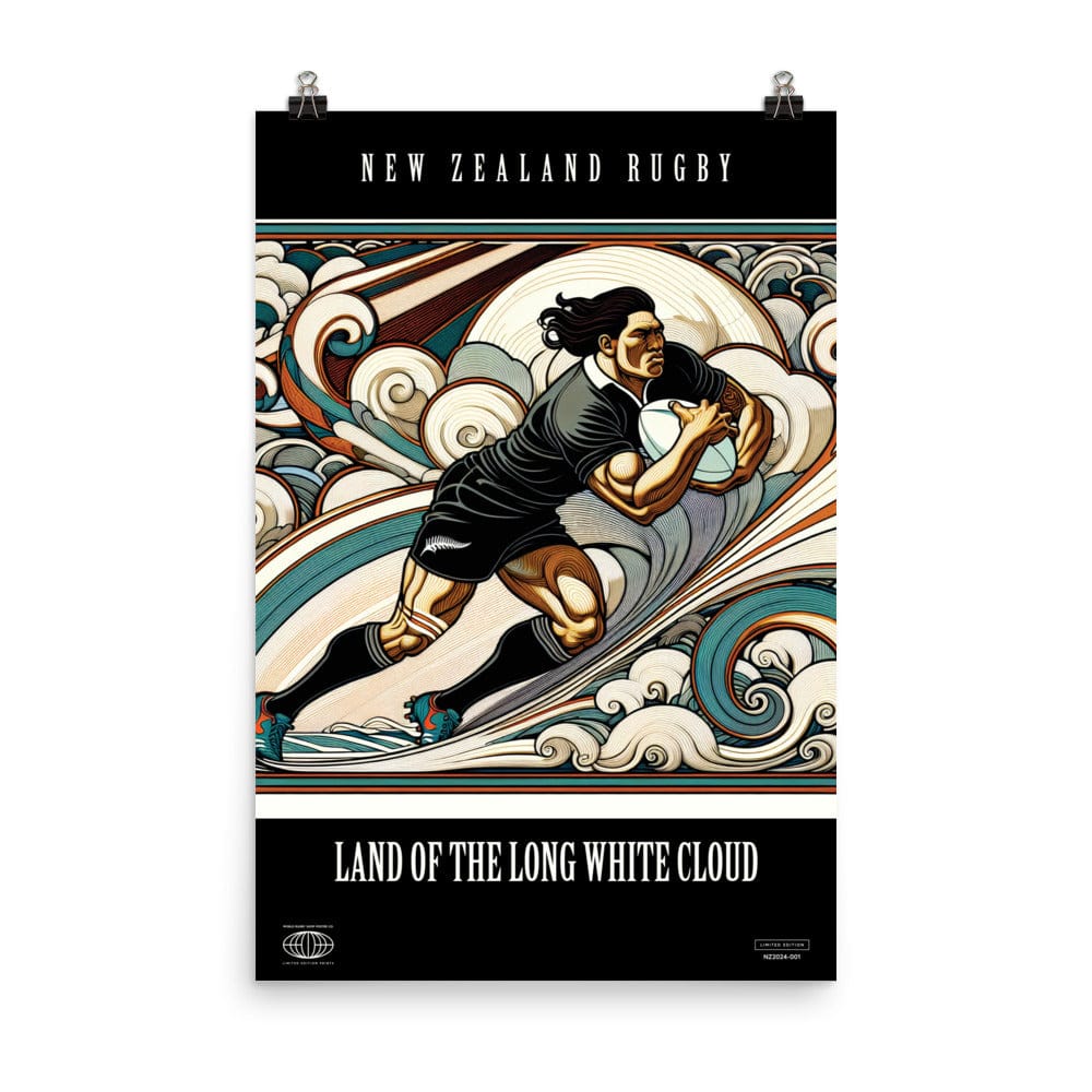 Introducing the "Land of the Long White Cloud New Zealand Poster" by PF LIC, showcasing a dynamic illustration of a rugby player in action, holding a ball. The poster features text reading "New Zealand Rugby" at the top and "Land of the Long White Cloud" at the bottom. Printed on thick matte paper, this museum-quality piece is sure to brighten any environment.