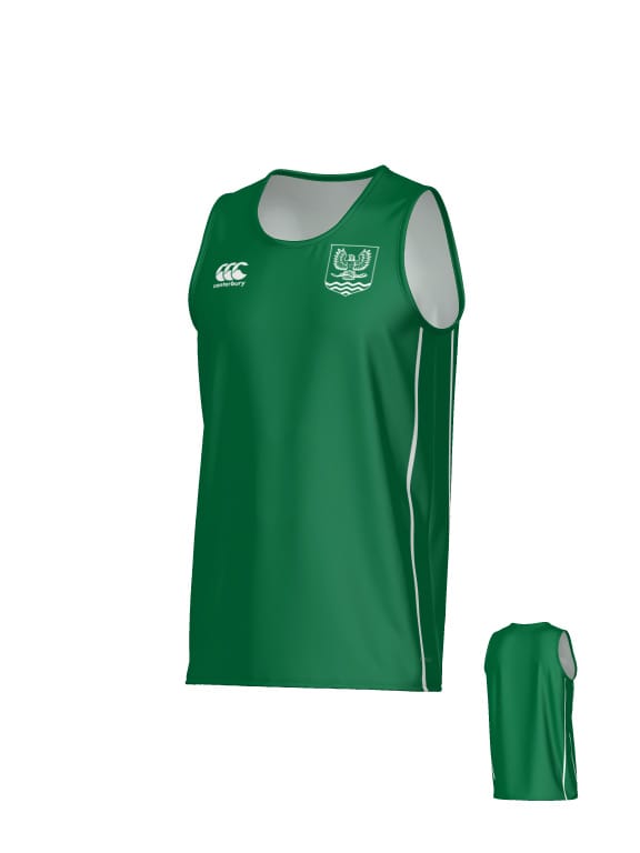 Front and back views of a green New Saint Andrews College Jericho Canterbury Kirra Performance Singlet featuring a white Teamatical logo on the right chest and a crest on the left.