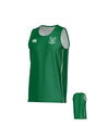 Front and back views of a green New Saint Andrews College Jericho Canterbury Kirra Performance Singlet featuring a white Teamatical logo on the right chest and a crest on the left.