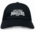 Black cotton twill Lake Zurich Adult Low-Profile Cotton Twill Dad Cap with white embroidered Lake Zurich Maulers Rugby team branding on the front.