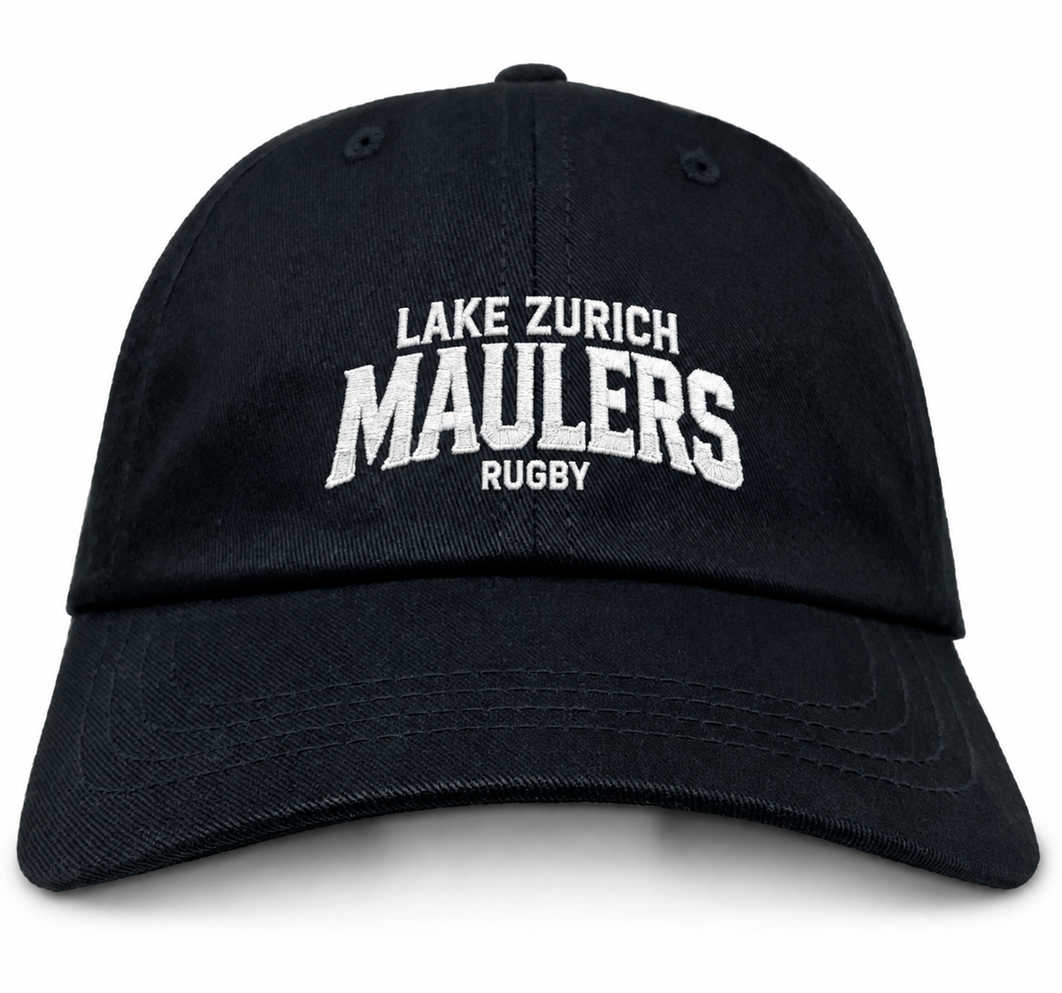 Black cotton twill Lake Zurich Adult Low-Profile Cotton Twill Dad Cap with white embroidered Lake Zurich Maulers Rugby team branding on the front.