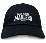 Black cotton twill Lake Zurich Adult Low-Profile Cotton Twill Dad Cap with white embroidered Lake Zurich Maulers Rugby team branding on the front.