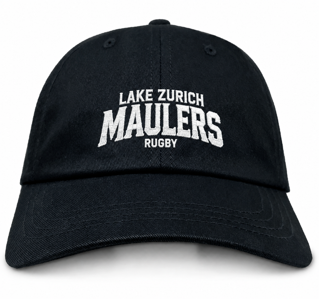 Black cotton twill Lake Zurich Adult Low-Profile Cotton Twill Dad Cap with white embroidered Lake Zurich Maulers Rugby team branding on the front.