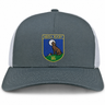 The Media Rugby Retro Trucker Cap by EMB S&S Activewear features a gray and white design with a front patch depicting a howling wolf, a full moon, and the words “MEDIA RUGBY EST 1973.” It is finished with a classic snapback closure for an adjustable fit.